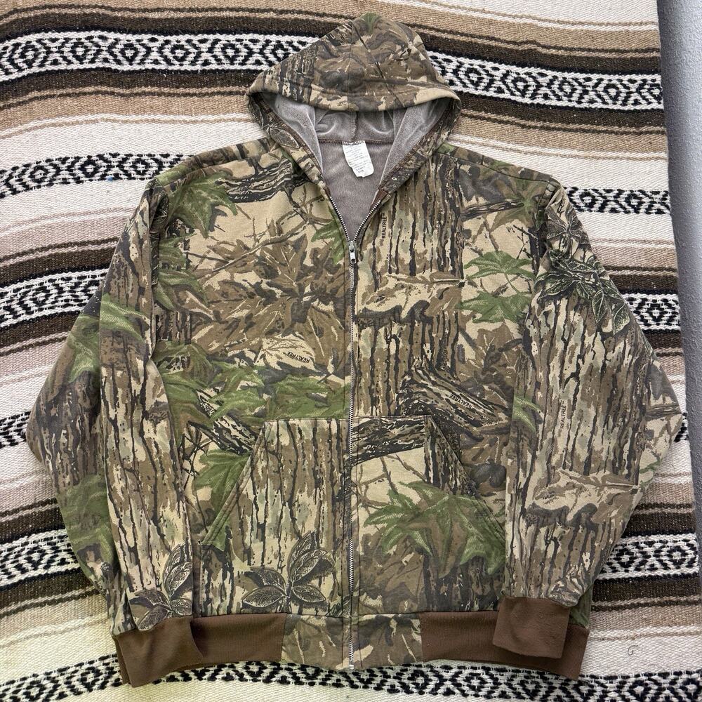 Men's Vintage 80's Stearns Realtree Camo Lined Zip Up Duck Hunting Hoodie Sz XL